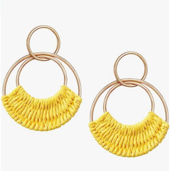 Yellow Woven Raffia Gold Hoop Earrings Wicker Hoops Links Post Vacay Style New - Picture 4 of 5